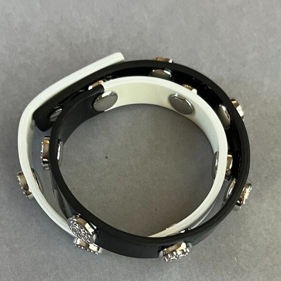 Rustic Cuff Black & White Patent Leather Double Wrap Silver Logo Bracelet - Picture 2 of 3